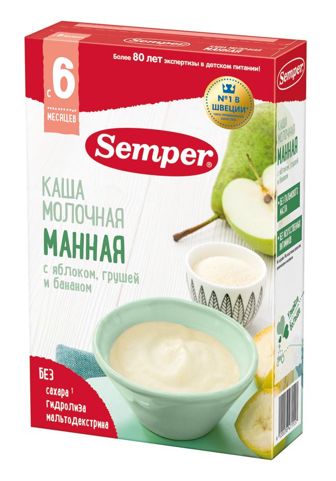 Молочная каша манная с яблоком, грушей и бананом