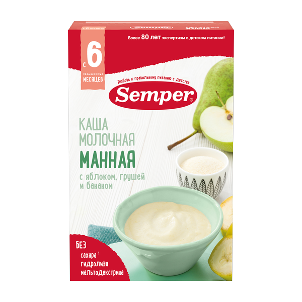 Молочная каша манная с яблоком, грушей и бананом