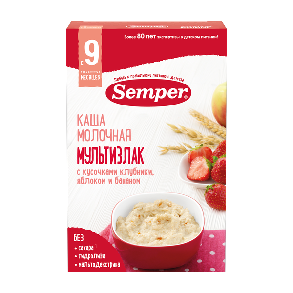 Молочная каша мультизлак с кусочками клубники, яблоком и бананом